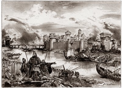 Vikingové, normanští piráti pod vedením svého vůdce Siegfrieda, obléhají Paříž (rytina) od Albert Robida