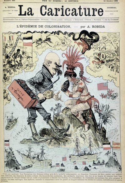 Kolonizační epidemie: antikolonialistická kresba od Robidy - v „La Caricature““ z 31.10.1885 od Albert Robida