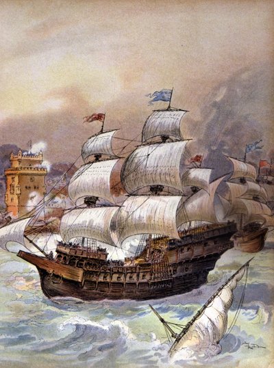Flotila Jean Ango blokuje Tagus a ohrožuje Lisabon, kolem roku 1909 (ilustrace) od Albert Robida