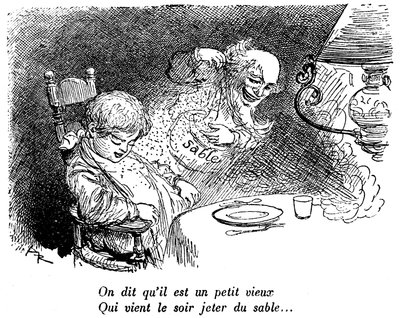 Prošel obchodník s pískem! Dítě spí po jídle. Spát. „“Říkají, že je to malý stařík, který chodí v noci házet písek...“ Kresba Alberta Robidy (1848-1926) v knize dětské četby 1920-1930. od Albert Robida