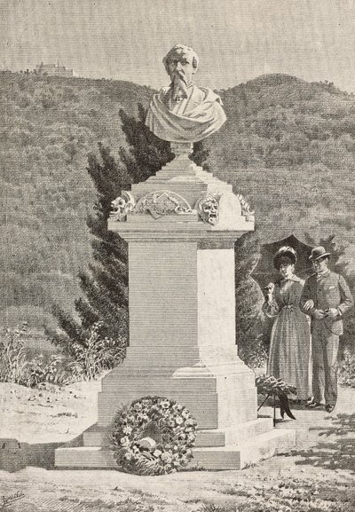 Pomník Paola Giacomettiho (1816-1882) na hřbitově Staglieno, Janov, Itálie, rytina podle kresby Alberta della Valleho, z L