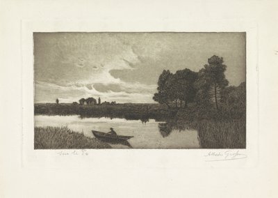 Krajina s rybářem v lodi na řece Sur le Po (název na objektu) od Alberto Grosso