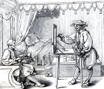 Matematické nástroje pro přesné provádění portrétů, ilustrace z knihy "Věda a literatura ve středověku a renesanci", autor a rytec Paul Lacroix od Albrecht (after) Durer or Duerer