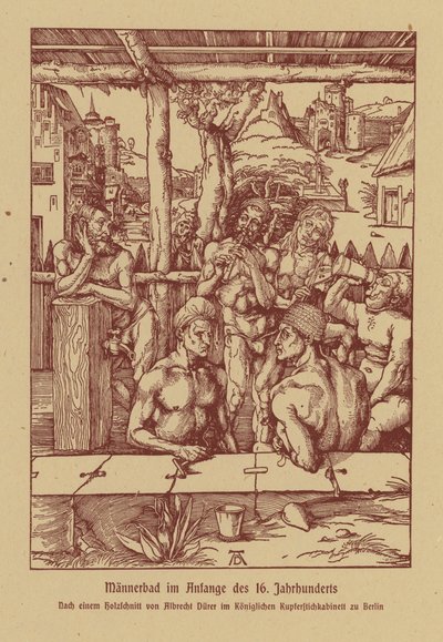 Pánské lázně, počátek 16. století (barevná litografie) od Albrecht (after) Durer or Duerer