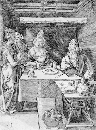 Salome předkládá Herodiadě hlavu Křtitele, vyryl Jacob Binck (rytina) od Albrecht (after) Durer or Duerer