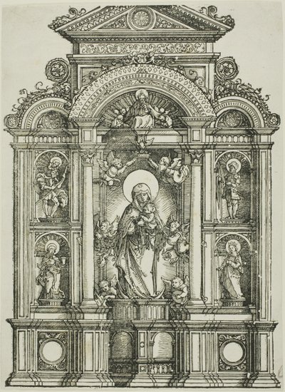 Oltářní obraz s krásnou Pannou Marií Regensburskou a svatými Kryštofem, Marií Magdalenou, Floriánem a Kateřinou stojícími ve výklencích, nad nimiž stojí Bůh Otec od Albrecht Altdorfer