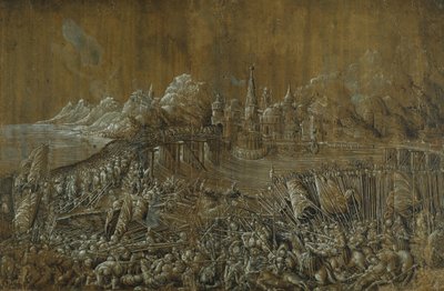Landaknechten, Bitva na mostě (pero a inkoust s kvašem na papíře) od Albrecht Altdorfer