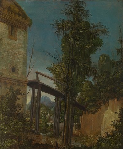 Krajina s lávkou. Kolem 1518-20 od Albrecht Altdorfer