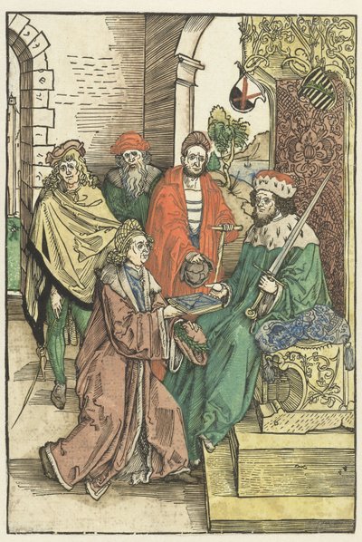 Conrad Celtis nabízí Fridrichovi III. Moudrému, saskému kurfiřtovi, knihu z díla Roswithy van Gandersheimové od Albrecht Dürer (attributed to)