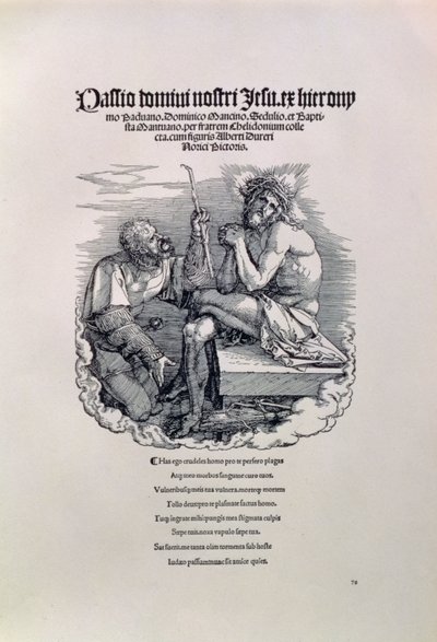 Římský voják vysmívající se Kristu, nad nímž je jméno umělců latinsky a dole báseň nadávající muži za jeho hříchy, titulní strana k seriálu Velká vášeň, hospoda. 1511 od Albrecht Dürer
