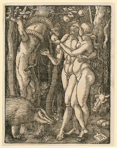 Adam a Eva, list 2 ze souboru "Malé dřevořezové pašije" od Albrecht Dürer