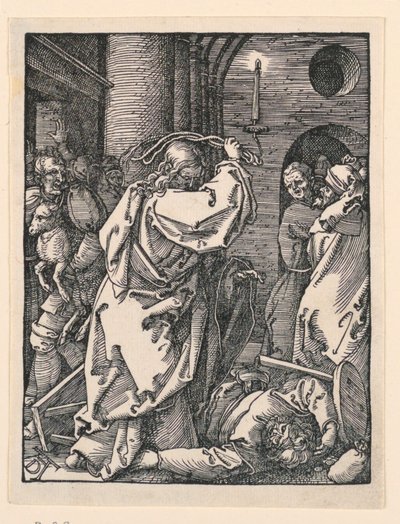 Kristus vyhání obchodníky (neboli směnárníky) z chrámu ze série Malé vášně od Albrecht Dürer