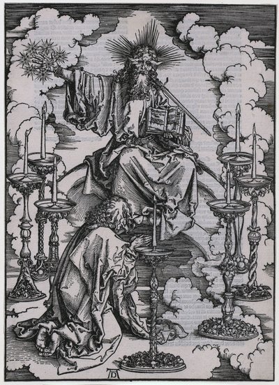 Jan spatřuje sedm svícnů, postava I., list 3 ze série „Apokalypsa“ od Albrecht Dürer