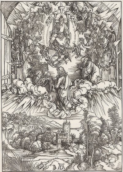 Jana před Bohem Otcem a staršími, z epizody Apokalypsy. 1496 od Albrecht Dürer