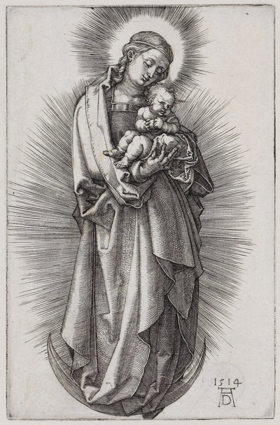 Panna s páskou ve vlasech ve svatozáři na srpku měsíce od Albrecht Dürer