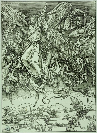Zjevení (latinské vydání): Svatý Michal poráží draka (Bartsch 72) od Albrecht Dürer