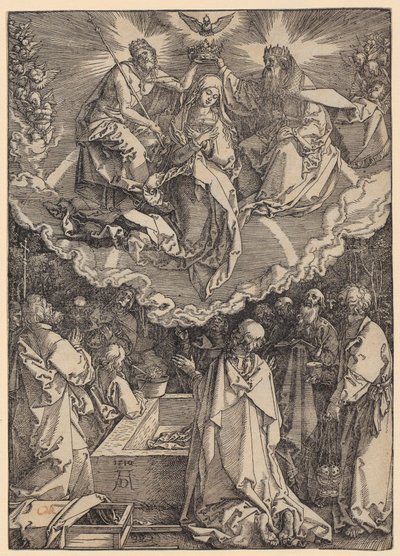 Nanebevzetí Panny Marie a její korunovace, list 19 ze série „Život Panny Marie“ od Albrecht Dürer