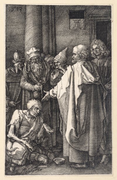 Petr a Jan uzdravují chromého žebráka v chrámu (Mědirytová pašije) od Albrecht Dürer