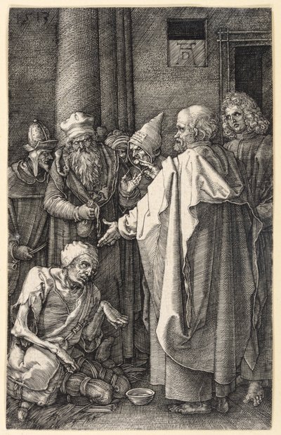 Petr a Jan uzdravují chromého žebráka v chrámu (Mědirytinové pašije) od Albrecht Dürer