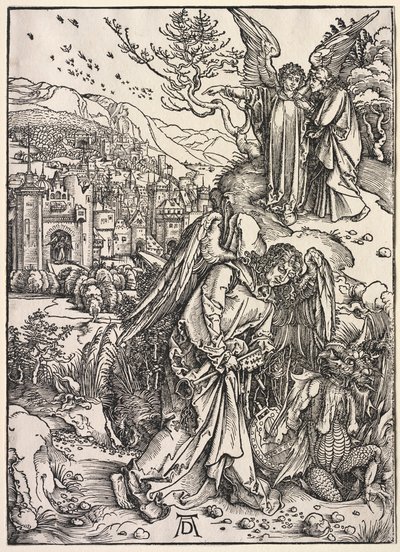 Zjevení svatého Jana: Anděl s klíčem od bezedné jámy, 1511. od Albrecht Dürer