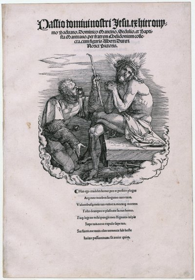 „Schmerzensmann a Landsknecht“, list 1 [titulní list] cyklu „Velké pašije“ od Albrecht Dürer