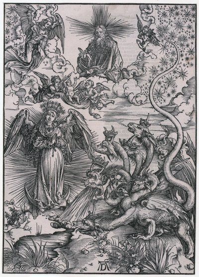 Sluneční žena a sedmihlavý drak, IX. postava, list 11 ze série „Apokalypsa“ od Albrecht Dürer