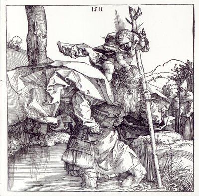 Sv. Kryštof nesoucí Jezulátko, 1511 (dřevořez) (černobílá fotografie) od Albrecht Dürer