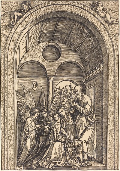 Svatá rodina se dvěma anděly v klenuté síni od Albrecht Dürer