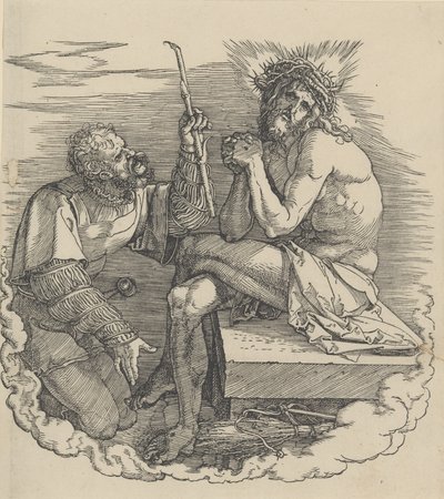Muž smutku zesměšněný vojákem, Frontispis k Velké vášni, n. d., n. d.. od Albrecht Dürer