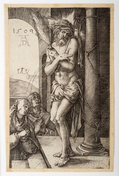 Bolestný muž u sloupu s Pannou Marií a svatým Janem, z "Rytých pašijí" od Albrecht Dürer