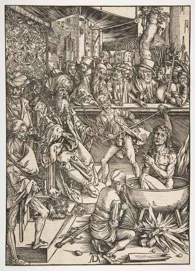 Umučení svatého Jana, z Apokalypsy, latinské vydání 1511, ca. 1496. od Albrecht Dürer