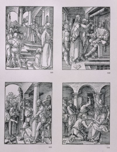 Série „Malé pašije“ (ve směru hodinových ručiček): Kristus před Pilátem; Kristus před Herodem; bičování; Korunování trním, hospoda. 1511 od Albrecht Dürer