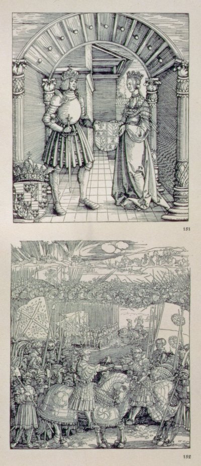 Vítězný oblouk německého císaře Maxmiliána I. (1459-1519): detail dvou panelů umístěných nad levým portálem, které zobrazují (nahoře) Maxmiliána I. a jeho první manželku Marii Burgundskou (1457-82). od Albrecht Dürer