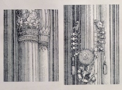 Triumfální oblouk německého císaře Maxmiliána I. (1459-1519): dva detaily centrální brány cti a moci zobrazující levý sloup a hlavici, datováno 1515, hospoda. 151718 (wo od Albrecht Dürer