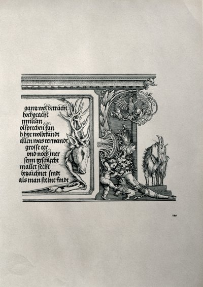 Vítězný oblouk německého císaře Maxmiliána I. 1459-1519: detail jelení kůže s nápisem oslavujícím císařovy rodinné vazby, s kozlem s klapkami na uších, symbolem bystrosti ducha. od Albrecht Dürer
