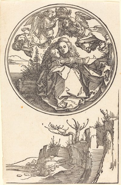Panna korunovaná dvěma anděly nad krajinou od Albrecht Dürer
