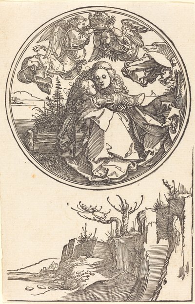 Panna korunovaná dvěma anděly nad krajinou v roce 1515 nebo dříve. od Albrecht Dürer