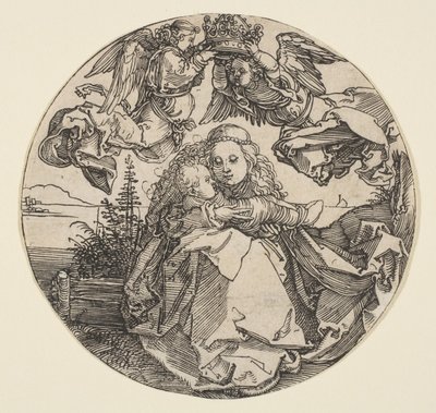 Panna a dítě korunované dvěma anděly nad krajinnou krajinou oříznutou, ca. 1504. od Albrecht Dürer