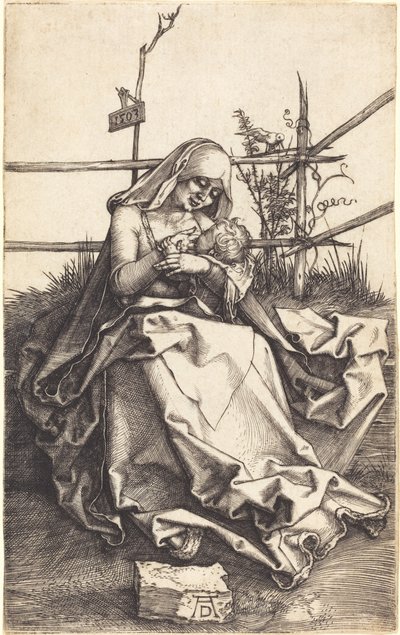 Panna a dítě na travnaté lavičce od Albrecht Dürer