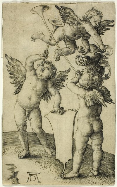 Tři putti se štítem a helmou od Albrecht Dürer