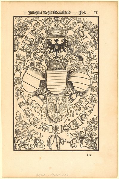 Erb Maxmiliána I. jako římského krále [recto]; erb Floriana Waldaufa (Waldauffa) z Waldensteinu [verso] od Albrecht Dürer