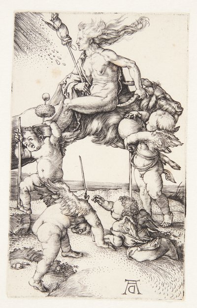 Čarodějnice jedoucí pozpátku na koze od Albrecht Dürer