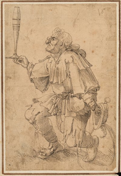 Groteskní muž klečící, držící u základny vysokou sklenici piva od Albrecht Dürer