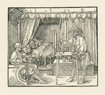 Umělec kreslí sedícího muže na rovinu skla skrz průzor. od Albrecht Dürer or Duerer