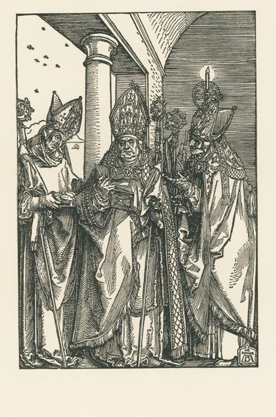 Biskup svatý Mikuláš, svatí Ulrich a Erasmus, asi 1505 (dřevoryt) od Albrecht Dürer or Duerer