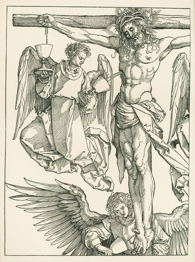 Kristus na kříži se třemi anděly, asi 1513-13 (dřevoryt) od Albrecht Dürer or Duerer