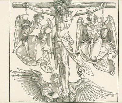 Kristus na kříži se třemi anděly, asi 1513 (dřevoryt) od Albrecht Dürer or Duerer