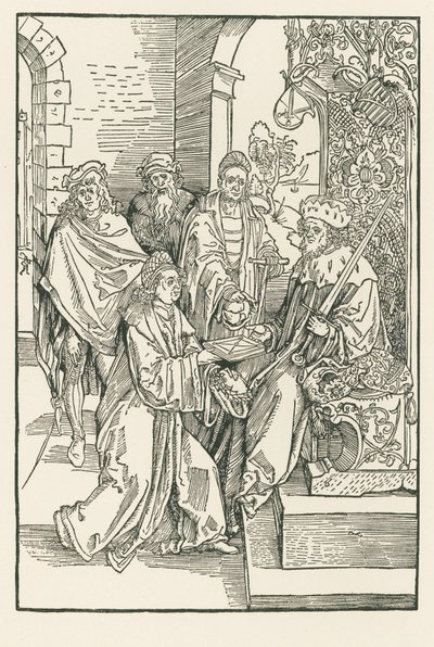 Konrád Celtes předává své vydání Roswithových komedií saskému kurfiřtovi Fridrichu. od Albrecht Dürer or Duerer