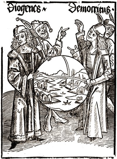 Diogenes (-413 - -327) a Democritus (-460 - -370) - v „“ Das Narrenschif (Loď bláznů)“ od Sébastiena Brandta (1458 – 1521). Rytina. od Albrecht Dürer