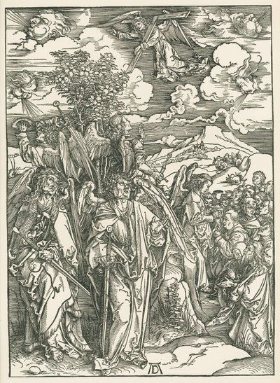 Čtyři andělé zastavující vítr a podpis vyvolených. Zjevení svatého Jana, asi 1497-98 (dřevoryt) od Albrecht Dürer or Duerer